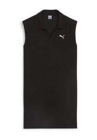 Polo sans manches noir en tissu texturé, avec un col et un petit logo Puma blanc sur la poitrine gauche.