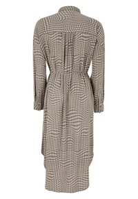 Long checkered dress in brown and beige, with a collar, long sleeves, and an elastic waist. Features a subtle textured pattern and a curved hem.