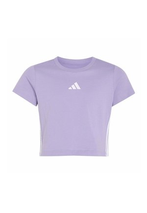 Crop top Adidas lilas à manches courtes, avec un col rond et un logo blanc, présenté sur un fond blanc.