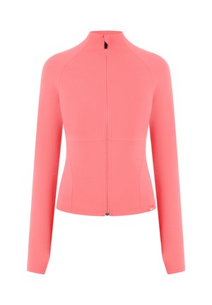 Veste ajustée à manches longues couleur corail rose avec zip frontal et col montant, conçue pour une tenue active ou décontractée.