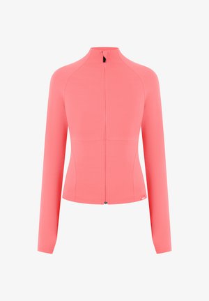 Veste ajustée à manches longues couleur corail rose avec zip frontal et col montant, conçue pour une tenue active ou décontractée.