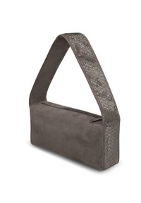Prostokątna szara torebka z zamszu z teksturowanym, siatkowym paskiem. Posiada zamek błyskawiczny oraz płaską podstawę dla stabilności.