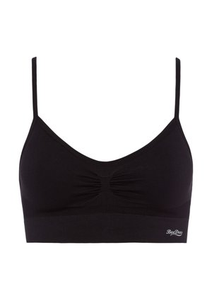 Schwarzer Bralette aus weichem Stoff mit gerafftem Mittelteil und verstellbaren Trägern. Mit einem Logo-Tag hinten unten.