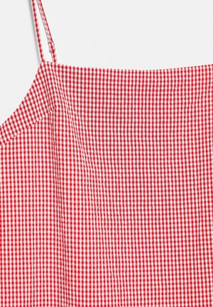 Rood-wit geblokt mouwloos topje met dunne verstelbare bandjes en een vierkante halslijn.