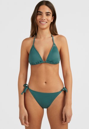 Teal bikini made of smooth fabric; triangular top with adjustable ties; matching bottoms with tie-side detailing.