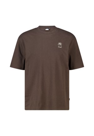 Bruine T-shirt met korte mouwen en ronde hals met een kleine witte koffiekopafbeelding op de linkerborst.