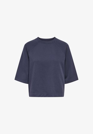 Sweatshirt court bleu marine foncé à manches courtes et col rond côtelé, présenté sur un fond blanc.