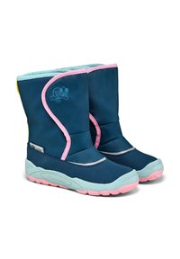 Weiche Kinderstiefel in Marineblau mit pinken Akzenten. Sie verfügen über eine strukturierte Sohle, eine verstärkte Zehenkappe und ein verspieltes Charakterlogo an der Seite.