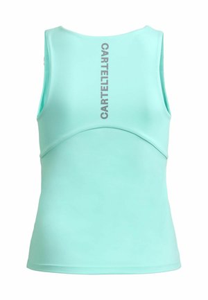 Mentazöld ujjatlan sporttop, felső hátulján sötétszürke, függőlegesen nyomtatott "CARTELLETTO" logóval.