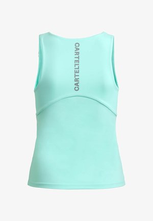 Mentazöld ujjatlan sporttop, felső hátulján sötétszürke, függőlegesen nyomtatott "CARTELLETTO" logóval.
