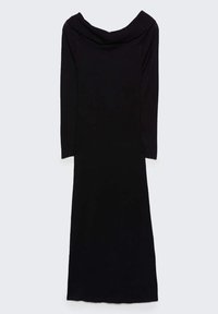 Vestito midi nero a coste con maniche lunghe e collo a barchetta. Vestibilità aderente, texture liscia, presenta un orlo dritto nella parte inferiore.
