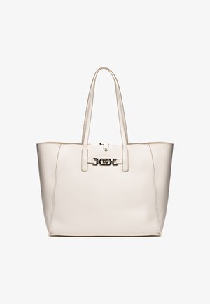 Borsa tote in pelle beige con doppi manici a spalla e una fibbia decorativa in metallo color argento al centro frontale.
