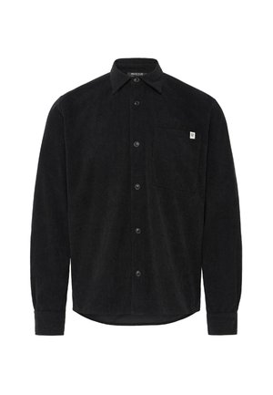 Zwarte lange mouwen corduroy overhemd met kraag, frontknopen, een borstzak met een klein wit label en button-cuffs.
