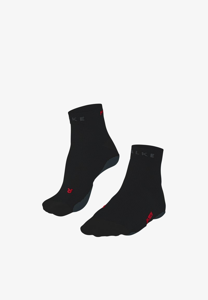 Paire de chaussettes noires pour chevilles avec des accents gris et rouges, affichant les étiquettes pied gauche et pied droit sur les chaussettes.