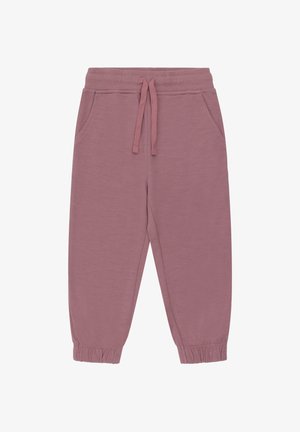 Pantaloni jogger per bambini di colore malva, con polsini elasticizzati, tasche laterali e una vita con lacci.