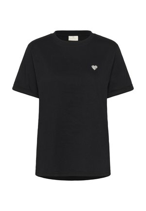 T-shirt en coton noir avec un col rond et des manches courtes, ornée d'un petit accent en strass en forme de cœur sur la poitrine gauche.