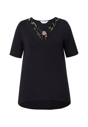 Czarny t-shirt z krótkim rękawem i dekoltem w serek. Posiada kwiatową haftkę wzdłuż dekoltu, wykonany z miękkiego, lekkiego materiału.