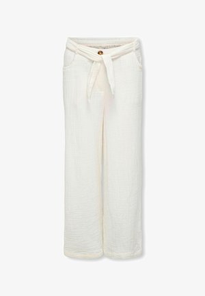 Pantalon blanc à jambes larges en tissu texturé, avec ceinture en tissu, détail bouton, et poches latérales. Taille élastique pour plus de confort.
