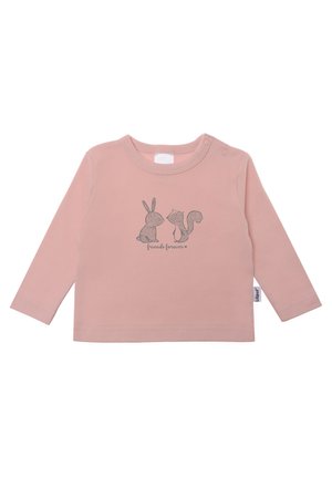 Helles rosa langärmliges Shirt aus weichem Stoff mit einem grauen Druck eines Kaninchens und eines Eichhörnchens, darunter der Text "Freunde für immer".