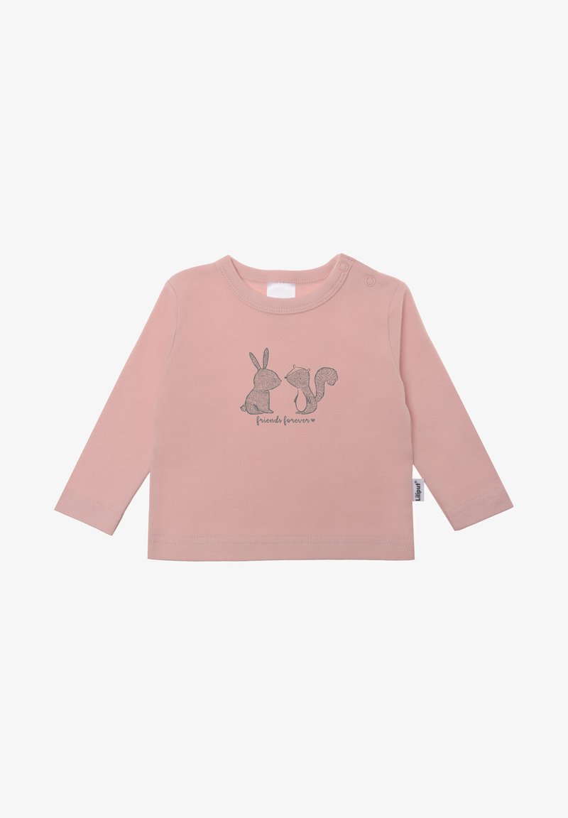 Helles rosa langärmliges Shirt aus weichem Stoff mit einem grauen Druck eines Kaninchens und eines Eichhörnchens, darunter der Text "Freunde für immer".