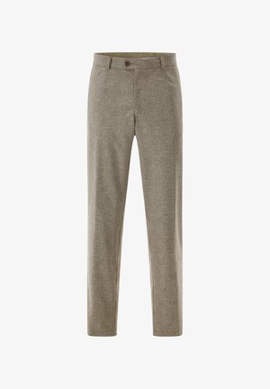 Beige, strukturierte Hose mit geradem Schnitt, mit einer vorderen Knopfschließe und zwei Seitentaschen. Der Stoff hat ein dezentes Muster.