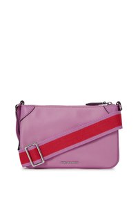 Pink synthetic handbag with a rectangular shape, featuring a red and pink striped adjustable strap and silver-tone hardware. Logo visible.