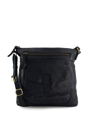 Black leather crossbody bag with front flap pocket, top zipper and adjustable strap with brass buckle and ring detail.