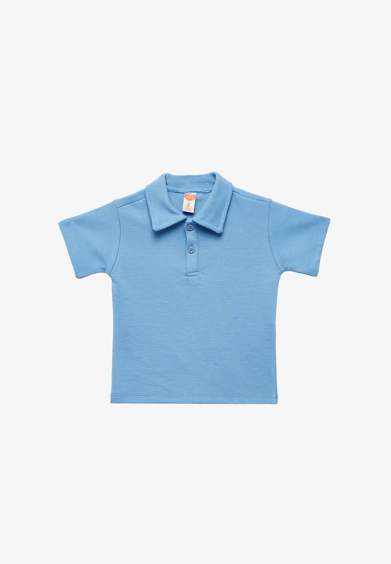 Jasnoniebieska bawełniana koszulka polo z krótkim rękawem, o żebrowanej strukturze i kołnierzyku. Posiada zapięcie na trzy guziki i prosty design.