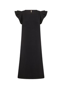 Schwarzes Midi-Kleid mit gerafften kurzen Ärmeln und einem runden Ausschnitt, das eine lockere A-Linien-Silhouette bietet.