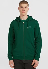 Felpa verde con zip in tessuto morbido, dotata di tasca frontale, cappuccio regolabile con cordino e logo sul petto. Presenta polsini a costine.