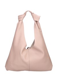 Sac à main en cuir rose doux avec un design unique de poignée nouée. Le sac présente une forme souple et une texture lisse.