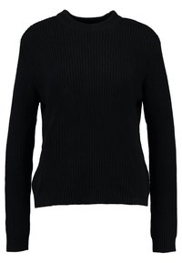 Zwarte gebreide trui met een geribbelde textuur, ronde halslijn en lange mouwen. Heeft een iets gekropt zoom met een aansluitende pasvorm.