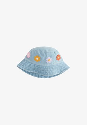 Light blue denim bucket hat featuring five embroidered flowers in pink, orange, yellow, and purple. Soft, textured fabric with a wide brim.