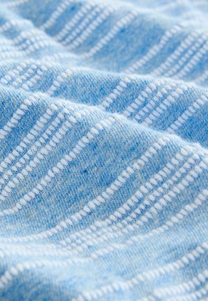 Tessuto azzurro chiaro con una trama testurizzata che presenta strisce bianche e piccoli anelli, creando un design a motivo. Aspetto morbido e leggermente peloso.