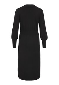 Robe midi noire à manches longues avec col, taille cintrée et poignets ajustés, vue de dos sur un fond blanc uni.