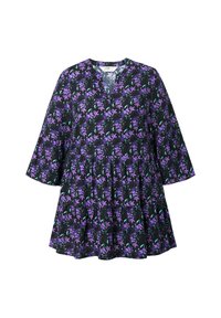 Black dress featuring a floral pattern with purple flowers and green accents, V-neckline, and tiered design with wide sleeves.