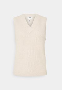 Gilet sans manches tricoté couleur crème avec col en V et texture côtelée, présenté sur un fond blanc uni.