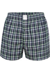 Boxers pour hommes, mélange de coton, motif écossais bleu marine et vert, taille élastique, braguette à bouton sur le devant, tissu léger et respirant.