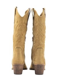 Botas de vaquero de ante color canela con un patrón de bordado decorativo, punta afilada y un tacón de madera apilada. De longitud hasta el tobillo con cremalleras laterales.