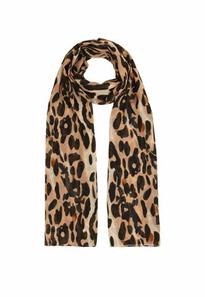 Light brown scarf with black and dark brown irregular leopard print pattern, loosely looped at the top against white background.
