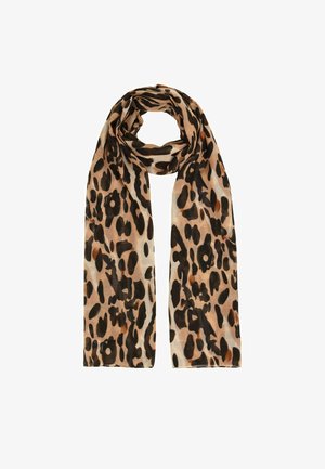 Hellbrauner Schal mit unregelmäßigem Leopardenmuster in Schwarz und Dunkelbraun, locker oben zu einer Schlaufe gelegt vor weißem Hintergrund.