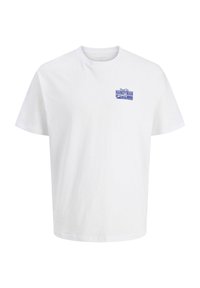 T-shirt blanc à manches courtes avec un petit logo de texte "Handyman" bleu sur le haut à gauche de la poitrine.