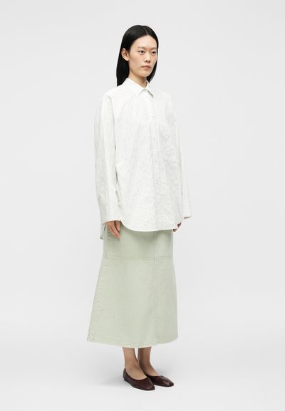 Femme aux longs cheveux noirs portant une chemise blanche ample boutonnée, une jupe midi vert pâle et des ballerines marron foncé, debout devant un fond uni.