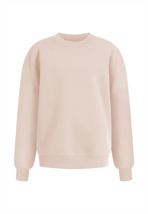 Beige crewneck sweatshirt with long sleeves, ribbed cuffs, and ribbed hem, displayed on a plain white background.
