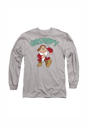 Gray long-sleeve shirt featuring cartoon character Grumpy in red garments. Text "GRUMPY" in bold green above the character. Soft cotton material.