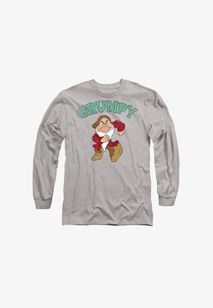 Gray long-sleeve shirt featuring cartoon character Grumpy in red garments. Text "GRUMPY" in bold green above the character. Soft cotton material.