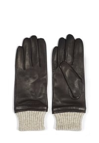 Guanti in pelle marrone con polsini a coste in maglia crema. Presentano separazione delle dita e un'unica accentuazione laterale, evidenziando una texture liscia.