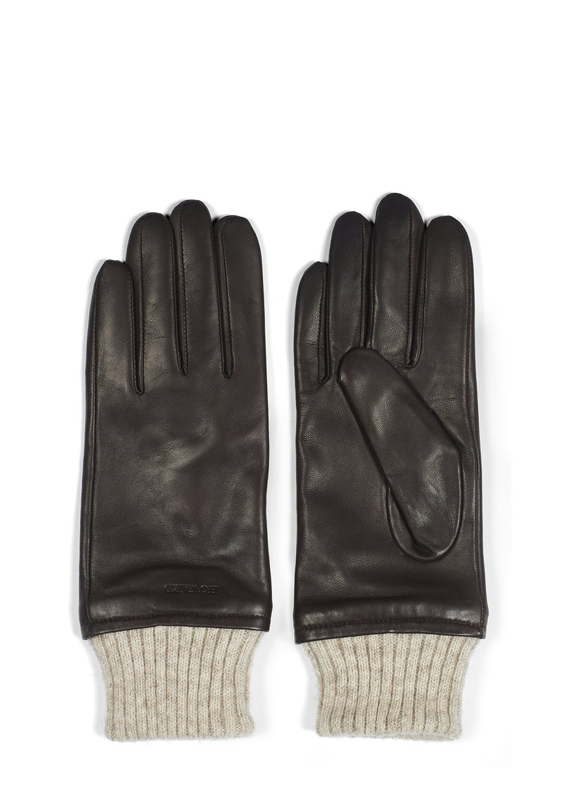 Guanti in pelle marrone con polsini a coste in maglia crema. Presentano separazione delle dita e un'unica accentuazione laterale, evidenziando una texture liscia.