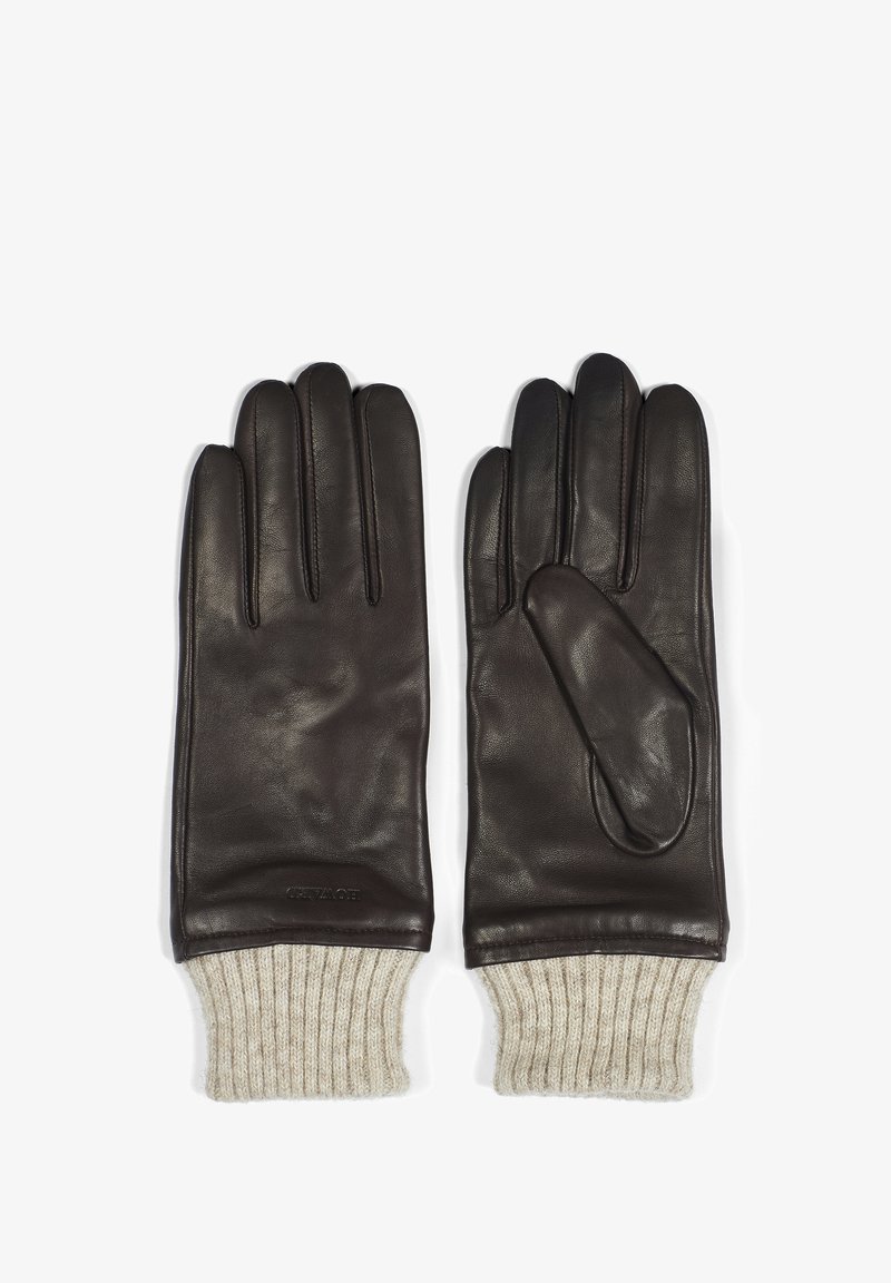Guanti in pelle marrone con polsini a coste in maglia crema. Presentano separazione delle dita e un'unica accentuazione laterale, evidenziando una texture liscia.