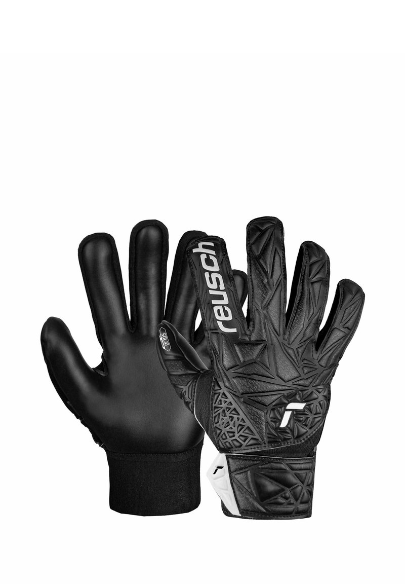 Black goalkeeper gloves with textured grip, reinforced fingers, and a stretchy wrist cuff. Features a white logo and geometric patterns.